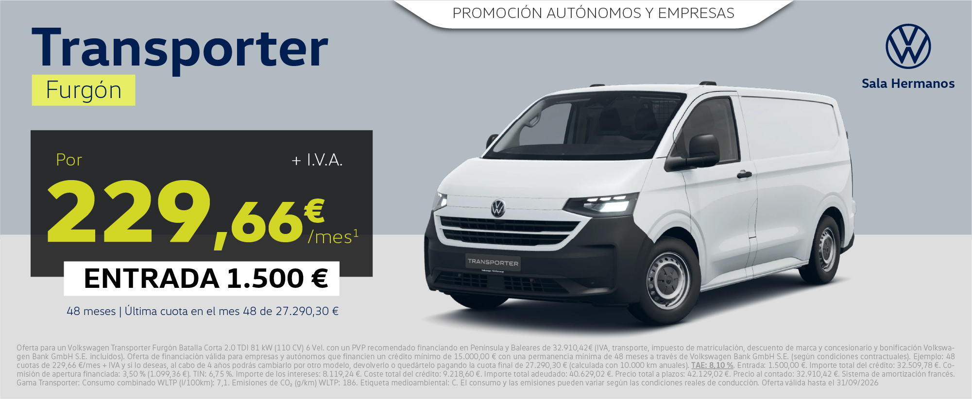 ¡Nuevo! Transporter Furgón desde 229,66€/mes* + IVA